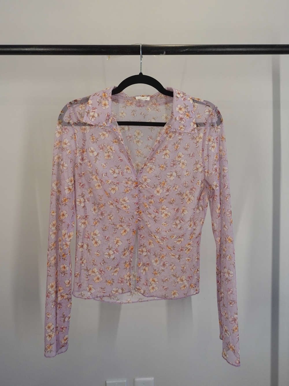 Sheer Lilac Purple Floral Collared Long Sleeve Blouse (skirt sold separately)